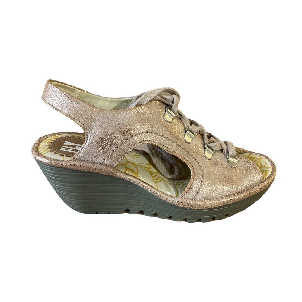Fly London YLFA Metallic Wedge Sandals Sz 38 US‎ 7-7.5 Rose Gold Leather Lace Up